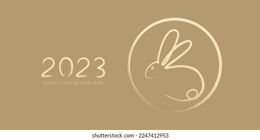 Happy Chinese New Year 2023, Year of the rabbit by brush stroke abstract paint continuous line gold gradient isolated on gold background.