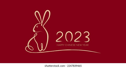 Happy Chinese New Year 2023, Year of the rabbit by brush stroke abstract paint continuous line gold gradient isolated on red background.