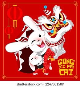 Happy chinese new year 2023 Year of the rabbit.
Cute white rabbit playing lion dance.

The Text is Gong Xi Fa Cai meaning wishing you prosperity in the coming year
