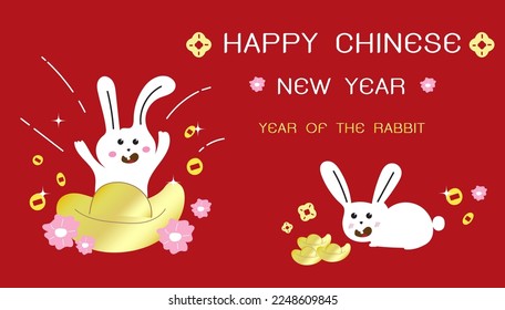 Happy Chinese new year 2023 background vector. Year of rabbit design with cute rabbits, Chinese gold nuggets, coin, flowers. Elegant oriental illustration for cover, banner, website, decor.