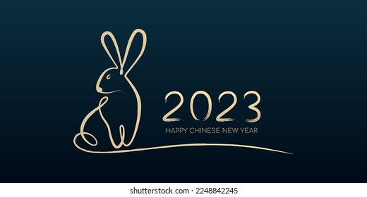 Happy Chinese New Year 2023, Year of the rabbit by brush stroke abstract paint continuous line gold gradient isolated on dark blue background.