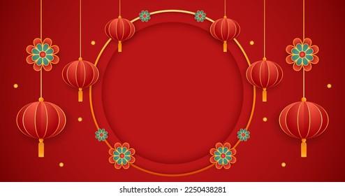 Happy Chinese new year 2023. Chinese new year banner with circle for show product. Greeting card. China frame with lantern on red background.