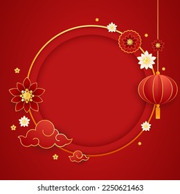 Happy Chinese new year 2023. Chinese new year banner with circle for show product. Greeting card. China frame with lantern on red background.