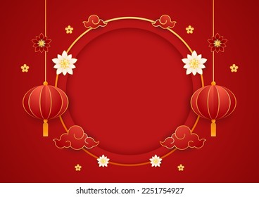 Happy Chinese new year 2023. Chinese new year banner with circle for show product. Greeting card. China frame with lantern on red background.