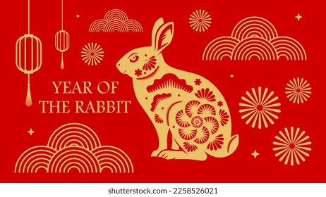 Happy chinese new year 2023 year of the rabbit zodiac sign with flower,lantern,asian elements gold paper cut style on color Background