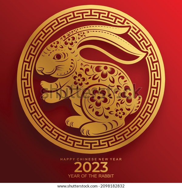 Happy chinese new year 2023 year of the rabbit\
zodiac sign, gong xi fa cai with flower,lantern,asian elements gold\
paper cut style on color Background. (Translation : Happy new year,\
rabbit year)