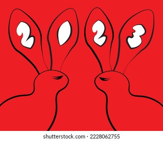 Happy Chinese New Year 2023.Cute rabbit ears, bunny illustration.  Simple minimalist design.  Large bunny ears with numbers. Lunar new year.Vector illustration isolated on red background.