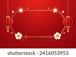 Happy Chinese new year 2024. Chinese new year banner with circle for show product. Greeting card. China frame with lantern on red background.