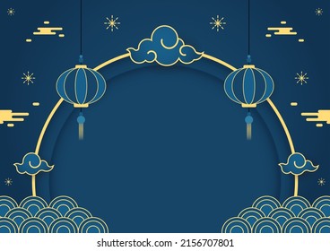 Happy Chinese new year 2024. Chinese new year banner with circle for show product. Greeting card. China frame with lantern on blue background.