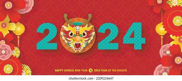 Happy chinese new year 2024 year of the dragon zodiac sign with flower,lantern, fan elements gong xi fa cai, greeting card paper cut style background vector illustration Translation Happy New Year