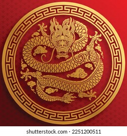 Happy chinese new year 2024 the dragon zodiac sign with flower,lantern,asian elements gold paper cut style on color background.