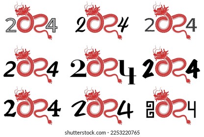 Happy chinese new year 2024 the dragon zodiac sign logo with white and black paper cut style on color background. ( Translation : happy new year 2024 year of the dragon )
