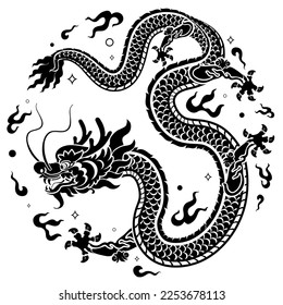Happy chinese new year 2024 the dragon zodiac sign logo with white and black paper cut style on color background. ( Translation : happy new year 2024 year of the dragon )
