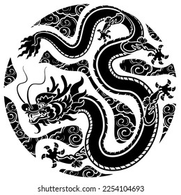 Happy chinese new year 2024 the dragon zodiac sign logo with white and black paper cut style on color background. ( Translation : happy new year 2024 year of the dragon )
