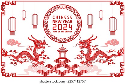 Happy chinese new year 2024 year of the chinese dragon zodiac with on color Background. ( Translation : happy new year, chinese dragon )