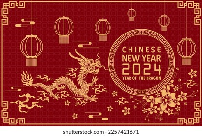Happy chinese new year 2024 year of the chinese dragon zodiac with on color Background. ( Translation : happy new year, chinese dragon )