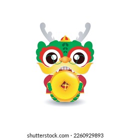 Happy Chinese new year 2024 and little dragon holding coins of gold, gong xi fa cai, the year of the dragon zodiac, Capricorn calendar, cute Cartoon isolated white background vector illustration