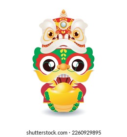 Happy Chinese new year 2024 with little dragon holding golden ingots, gong xi fa cai, the year of the dragon zodiac, Capricorn calendar,cute Cartoon isolated white background vector illustration