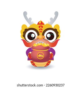 Happy Chinese new year 2024 with little dragon holding bag of gold ingots, gong xi fa cai, the year of the dragon zodiac, Capricorn calendar, cute Cartoon isolated white background vector illustration