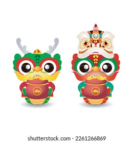 Happy Chinese new year 2024 with little dragon holding bag of gold ingots, gong xi fa cai, the year of the dragon zodiac, Capricorn calendar, cute Cartoon isolated white background vector illustration