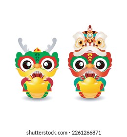 Happy Chinese new year 2024 with little dragon holding golden ingots, gong xi fa cai, the year of the dragon zodiac, Capricorn calendar,cute Cartoon isolated white background vector illustration