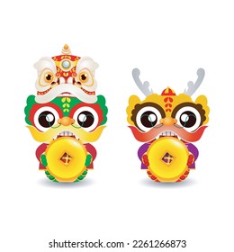 Happy Chinese new year 2024 and little dragon holding coins of gold, gong xi fa cai, the year of the dragon zodiac, Capricorn calendar, cute Cartoon isolated white background vector illustration