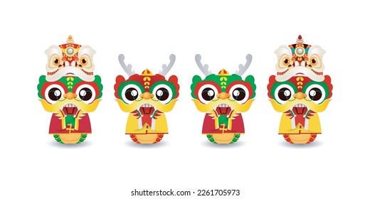 Happy Chinese new year 2024 with group little dragon greeting gong xi fa cai, the year of the dragon zodiac, Capricorn calendar, set of cute Cartoon isolated white background vector illustration