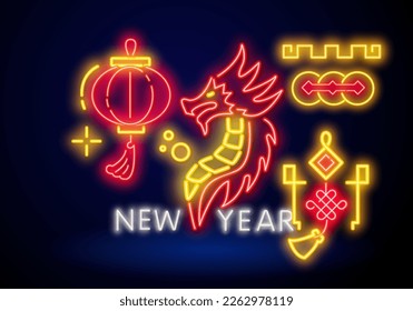 Happy Chinese New Year 2024. Neon sign, emblem, symbol. A glowing banner, a bright night sign in neon style. Celebration Chinese New Year