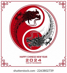 Happy Chinese new year 2024 Zodiac sign, year of the Dragon, with red paper cut art and craft style on white color background (Chinese Translation : happy new year 2024, year of the Dragon)