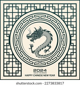 Feliz Año Nuevo Chino 2024 Signo de Zodiac, año del Dragón, con papel verde recorte arte y estilo artesanal sobre fondo de color blanco (Traducción china : feliz año nuevo 2024, año del Dragón)