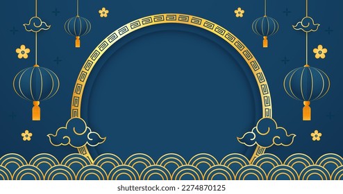 Happy Chinese new year 2024. Chinese new year banner with circle for show product. Greeting card. China frame with lantern on blue background.