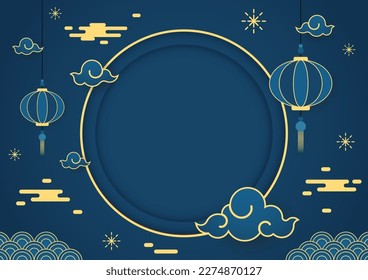 Happy Chinese new year 2024. Chinese new year banner with circle for show product. Greeting card. China frame with lantern on blue background.