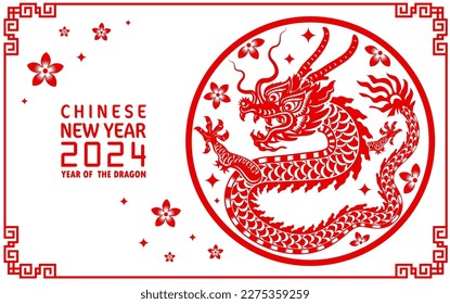 Happy chinese new year 2024 year of the chinese dragon zodiac with on color Background. ( Translation : happy new year, chinese dragon )