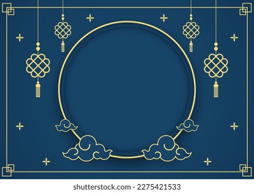 Happy Chinese new year 2024. Chinese new year banner with circle for show product. Greeting card. China frame with lantern on blue background.