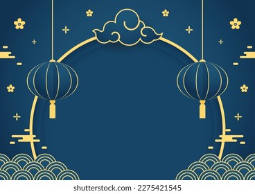 Happy Chinese new year 2024. Chinese new year banner with circle for show product. Greeting card. China frame with lantern on blue background.