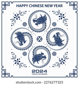 Happy Chinese new year 2024 Zodiac sign, year of the Dragon, with blue paper cut art and craft style on white color background (Chinese Translation : happy new year 2024, year of the Dragon)