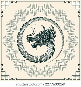 Happy Chinese new year 2024 Zodiac sign, year of the Dragon, with green paper cut art and craft style on white color background (Chinese Translation : happy new year 2024, year of the Dragon)