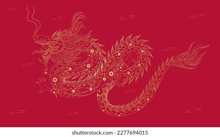 Happy Chinese New Year 2024. Chinese dragon, line drawing gold modern flower pattern. On red background for card design print media. China lunar calendar animal. Vector EPS 10.