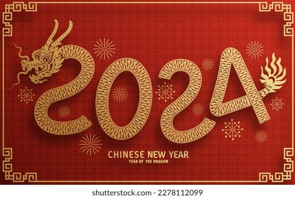 Happy chinese new year 2024 year of the chinese dragon zodiac with on color Background. ( Translation : happy new year, chinese dragon )