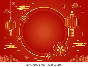 Happy Chinese new year 2024. Chinese new year banner with circle for show product. Greeting card. China frame with lantern on red background.