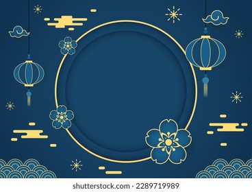 Happy Chinese new year 2024. Chinese new year banner with circle for show product. Greeting card. China frame with lantern on blue background.