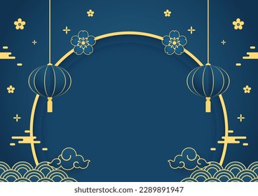 Happy Chinese new year 2024. Chinese new year banner with circle for show product. Greeting card. China frame with lantern on blue background.