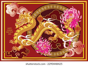 Happy Chinese new year 2024 year of the chinese dragon zodiac with flower asian elements gold.