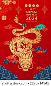 Happy Chinese New Year 2024. Chinese dragon gold zodiac sign on red background for card design. China lunar calendar animal. (Translation : happy new year 2024) Vector EPS10.