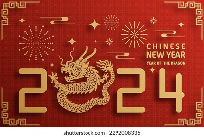 Happy chinese new year 2024 year of the chinese dragon zodiac with on color Background. ( Translation : happy new year, chinese dragon )