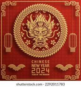 Happy chinese new year 2024 year of the chinese dragon zodiac with on color Background. ( Translation : happy new year, chinese dragon )