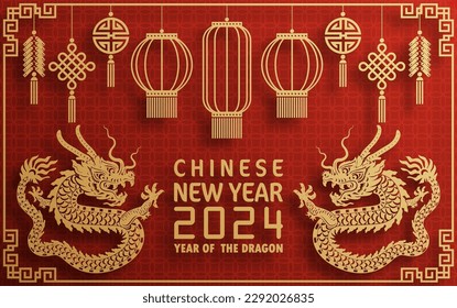 Happy chinese new year 2024 year of the chinese dragon zodiac with on color Background. ( Translation : happy new year, chinese dragon )