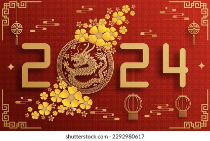Happy chinese new year 2024 year of the chinese dragon zodiac with on color Background. ( Translation : happy new year, chinese dragon )
