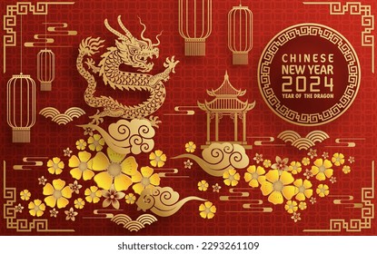 Happy chinese new year 2024 year of the chinese dragon zodiac with on color Background. ( Translation : happy new year, chinese dragon )