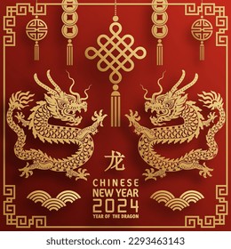 Happy chinese new year 2024 year of the chinese dragon zodiac with on color Background. ( Translation : happy new year, chinese dragon )